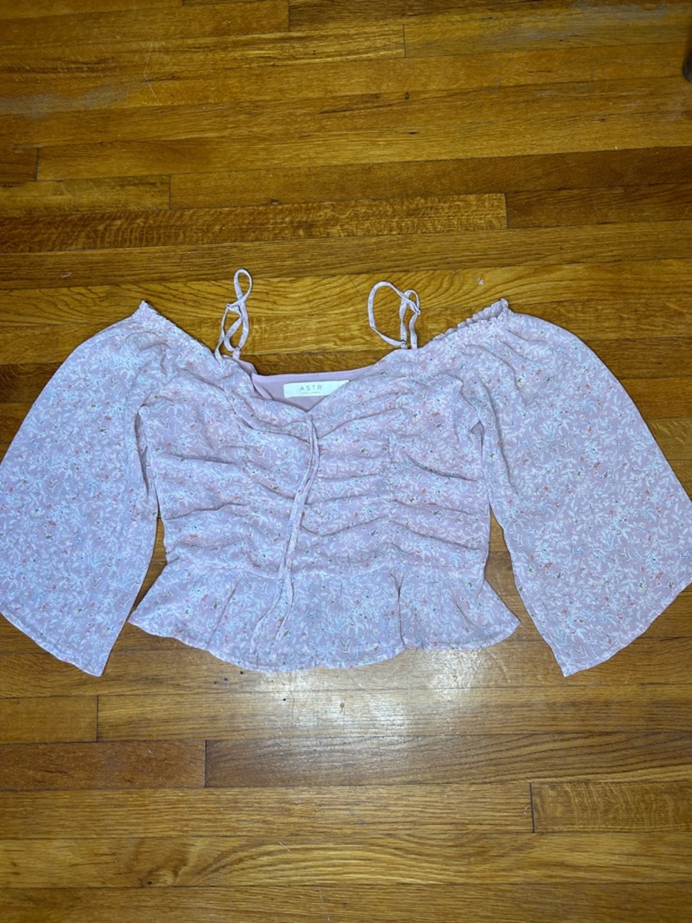 Astr Pink Floral Ruched Crop Top with Flutter Sleeves
